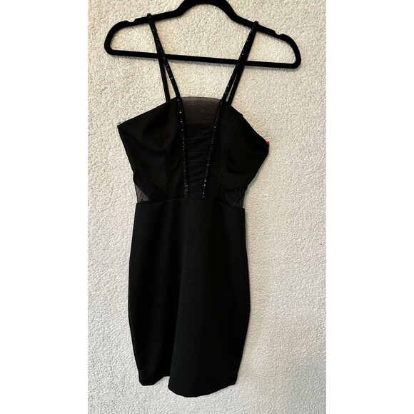 Sassy Stretchy Bodycon Strappy Little Black Dress Size PP Mesh Side Panel Detail - Picture 1 of 13